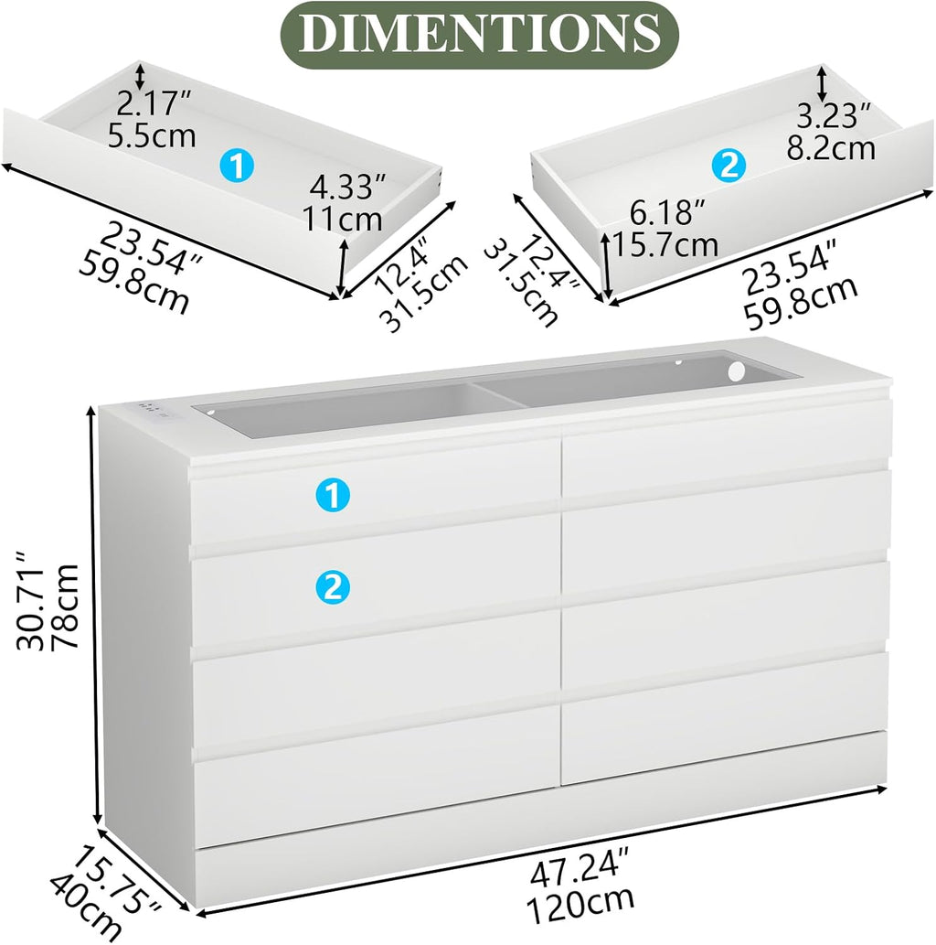 8 Drawer Dresser with Power Outlet, White Dresser for Bedroom Chest of Drawer with Glass Top & LED Light, Modern Double Wide Drawer Organizer Cabinet for Living Room (White)