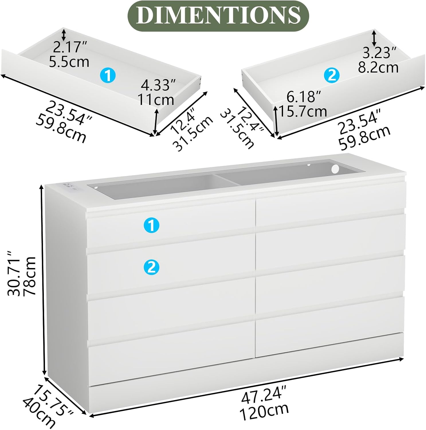 8 Drawer Dresser with Glass Top & Power Outlet, White Dresser for Bedroom with LED Light, Modern Chest of Drawer Double Wide Drawers Organizer Cabinet for Bedroom, Living Room (White)