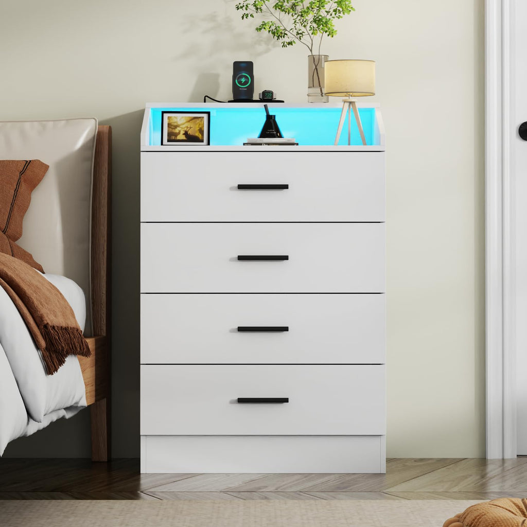 6 Drawer Dresser with Power Outlet, Chest of Drawers with LED Light, Modern Dresser with Open Storage Cubby, Double Wide Dressers Organizer for Bedroom, Living Room, Entryway, Hallway