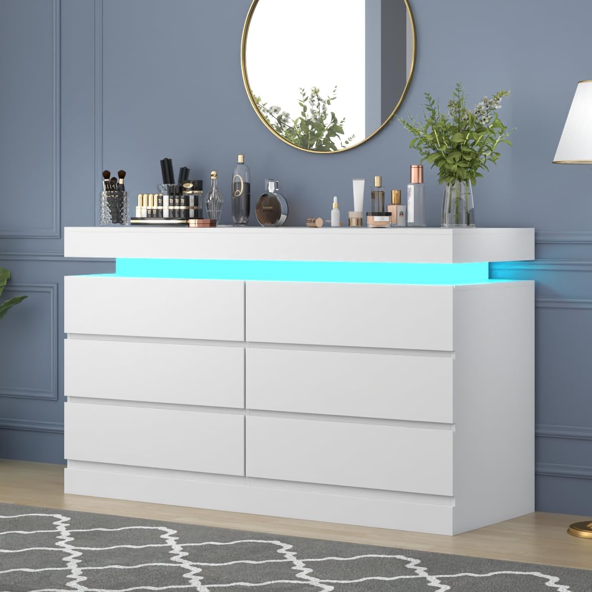 6 Drawer Dresser with Power Outlet, Dresser with LED Light, Modern Chest of Drawers for Closet, Double Wide Drawer Organizer Cabinet for Bedroom, Living Room (White, 6 Drawers)