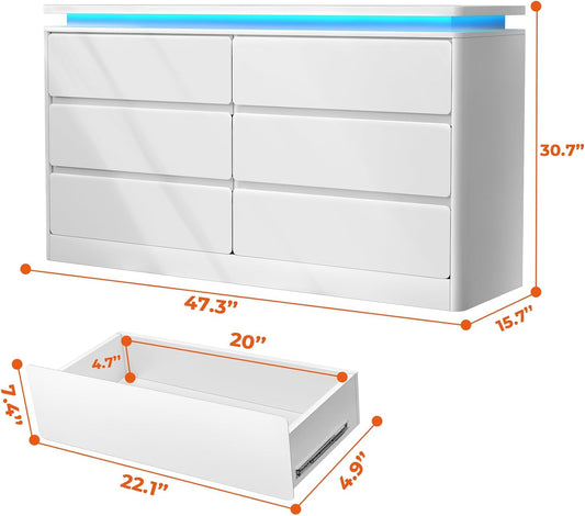 6 Drawer White Dresser for Bedroom, 47.2" Long Chest of Drawers with Charging Station & LED Lights, Double Wooden Storage Cabinet Dresser for Closet,Modern TV Stand with Deep Drawers