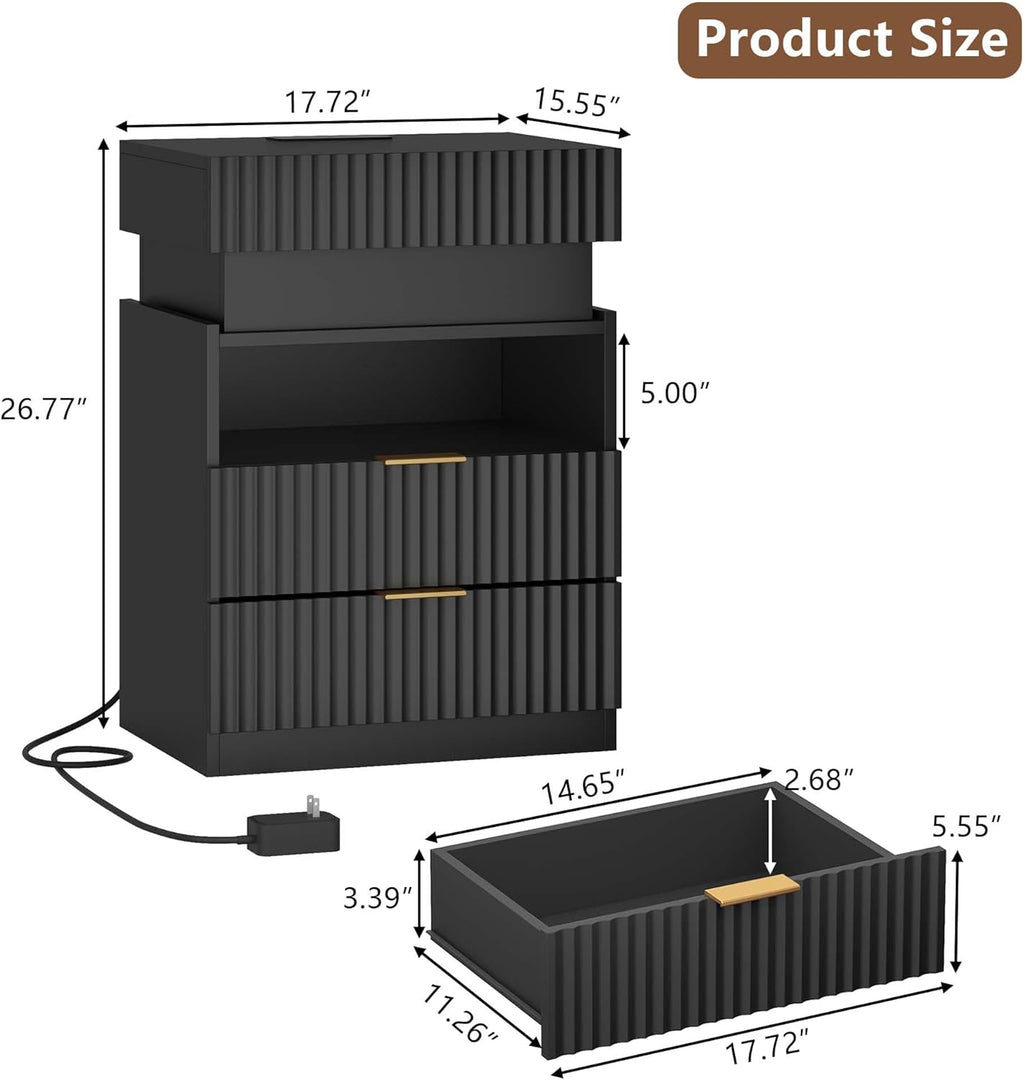 Nightstand Set of 2 with Charging Station and LED Lights, Fluted Night Stand with 2 Drawers &Open Shelf,Modern Bedside Table w/Hidden Compartment for Bedroom,End Side Table for Living Room (2, Black)