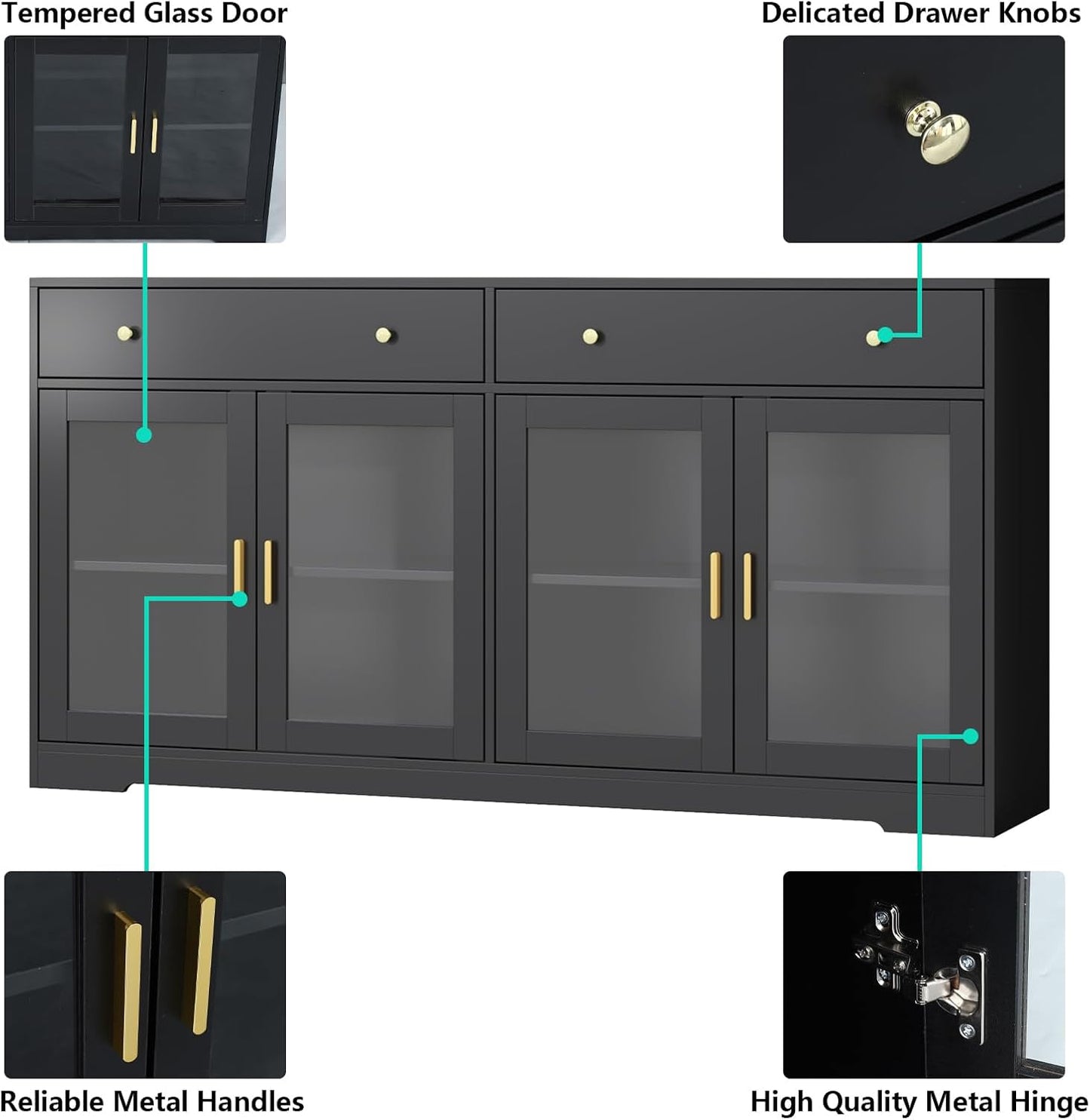 Sideboard Buffet Cabinet with LED Lights, 55.1 Storage Cabinet with 2 Large Drawers & 4 Glass Doors, Modern Kitchen Display Cabinet with Adjustable Shelves, Coffee Bar for Kitchen Living Room (Black)