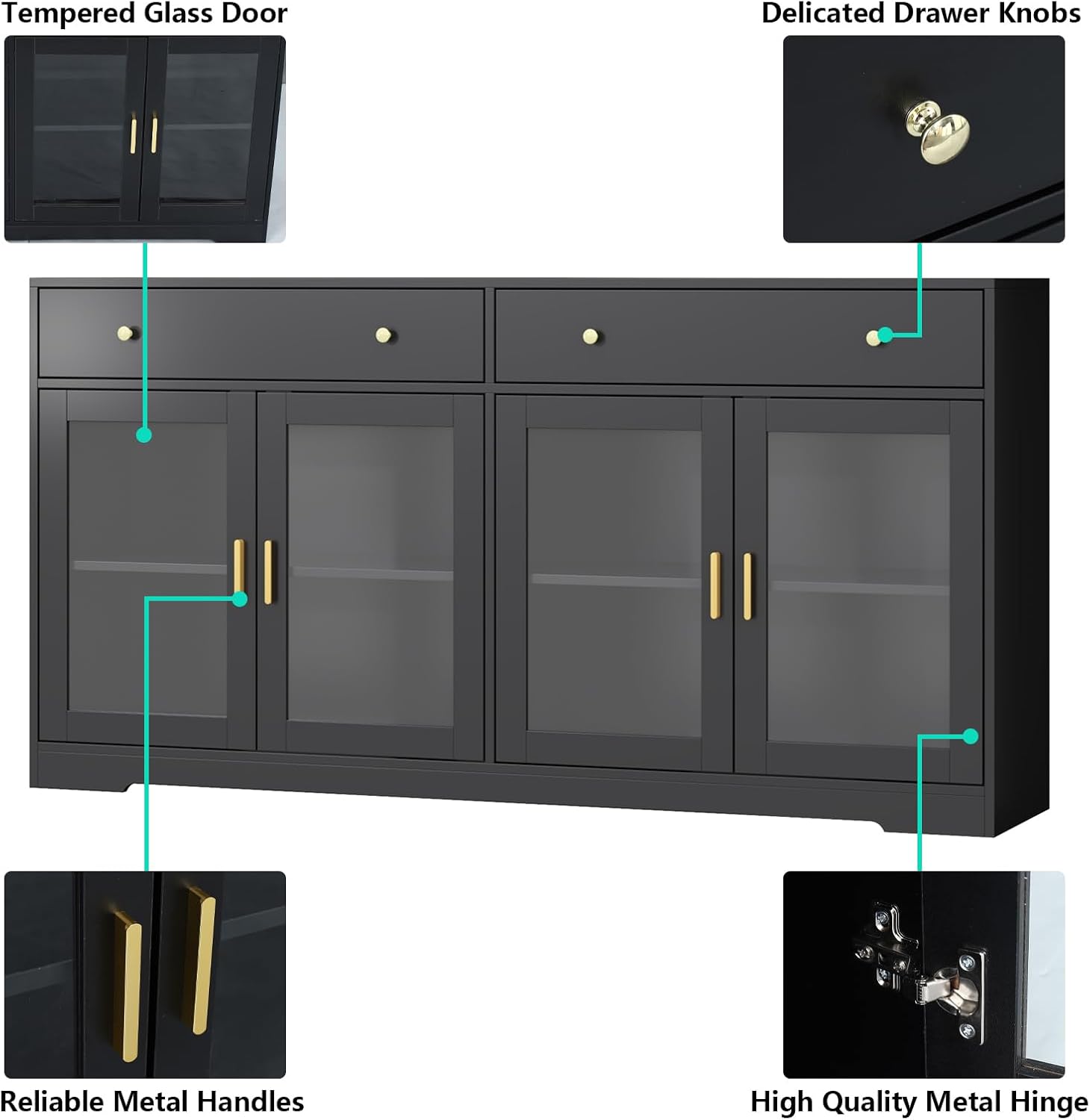 Sideboard Buffet Cabinet with LED Lights, 55.1 Storage Cabinet with 2 Large Drawers & 4 Glass Doors, Modern Kitchen Display Cabinet with Adjustable Shelves, Coffee Bar for Kitchen Living Room (Black)