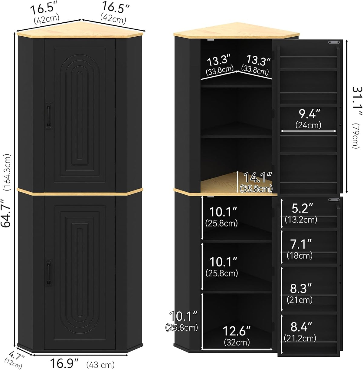 Gyfimoie Corner Cabinet, Freestanding Kitchen Pantry Storage Cabinet, Black