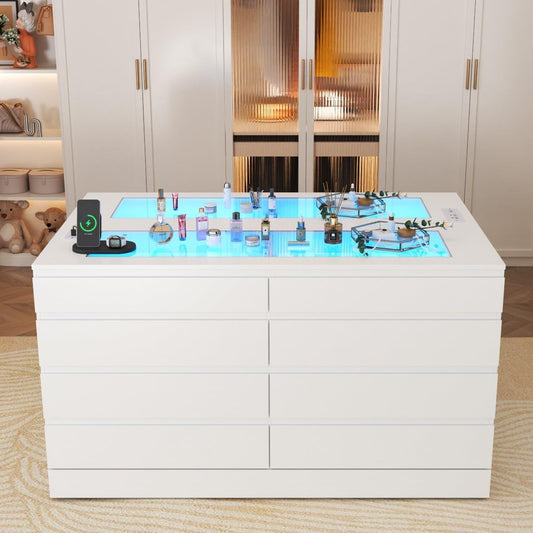 8 Drawer Dresser with Glass Top & Power Outlet, White Dresser for Bedroom with LED Light, Modern Chest of Drawer Double Wide Drawers Organizer Cabinet for Bedroom, Living Room (White)