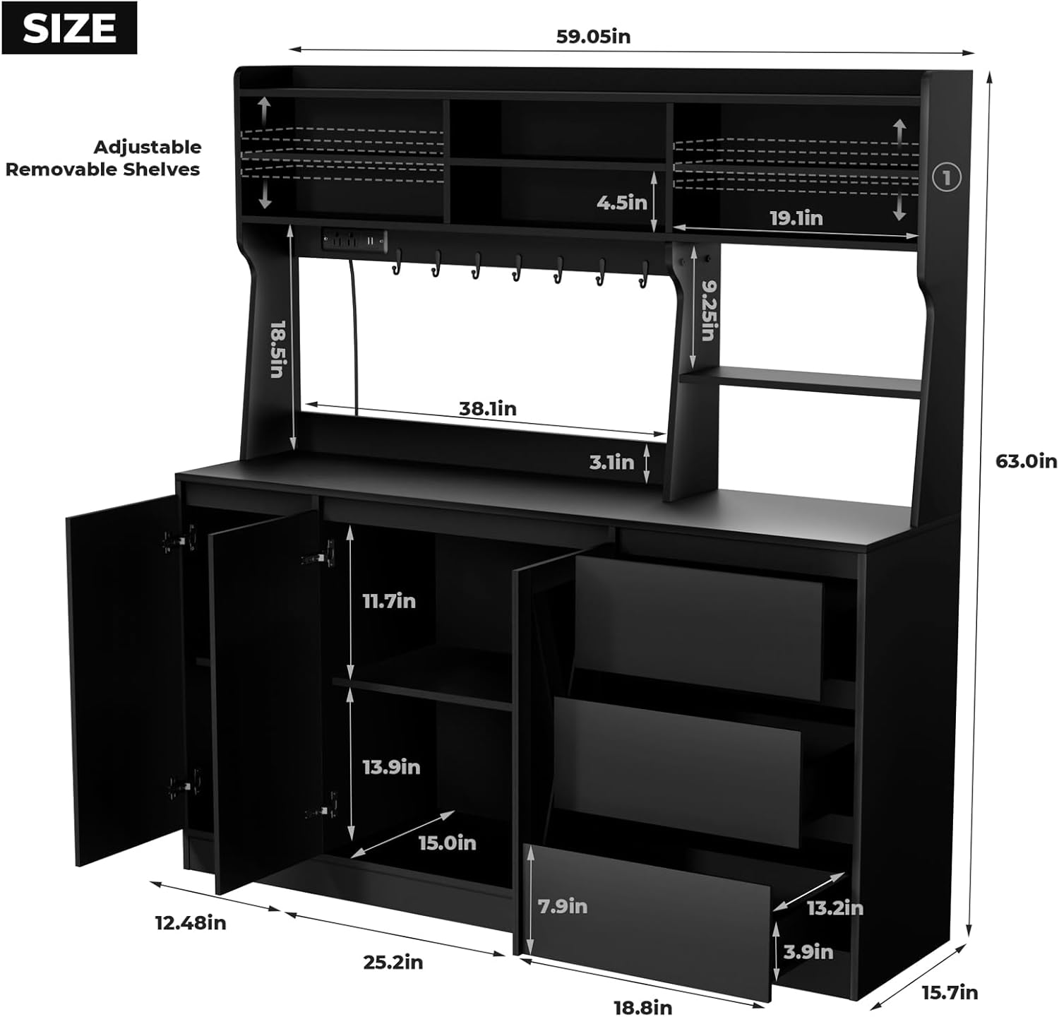 Farmhouse Kitchen Pantry Cabinet with Power Outlet & LED Light, Large Coffee Bar Cupboard with Microwave Stand, 3 Doors & 3 Drawers, 7 Cup Holders & 8 Open Cubbies, Adjusted Shelves (Black)