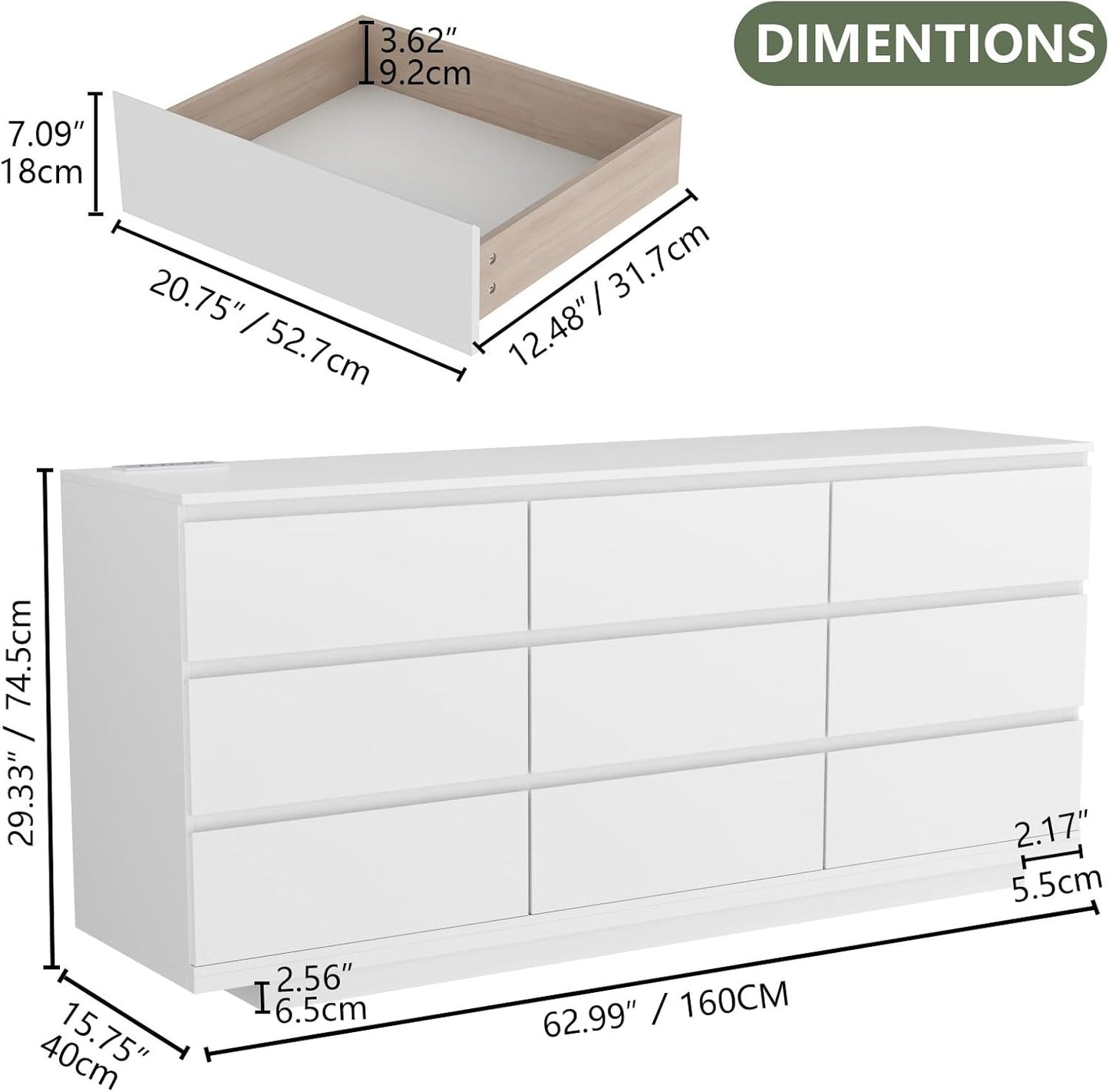 9 Drawer Dresser with Power Outlet and LED Lighting, Floating White Dresser Chest of Drawers, The Modern Organizer for Bedroom & Living Room (White)