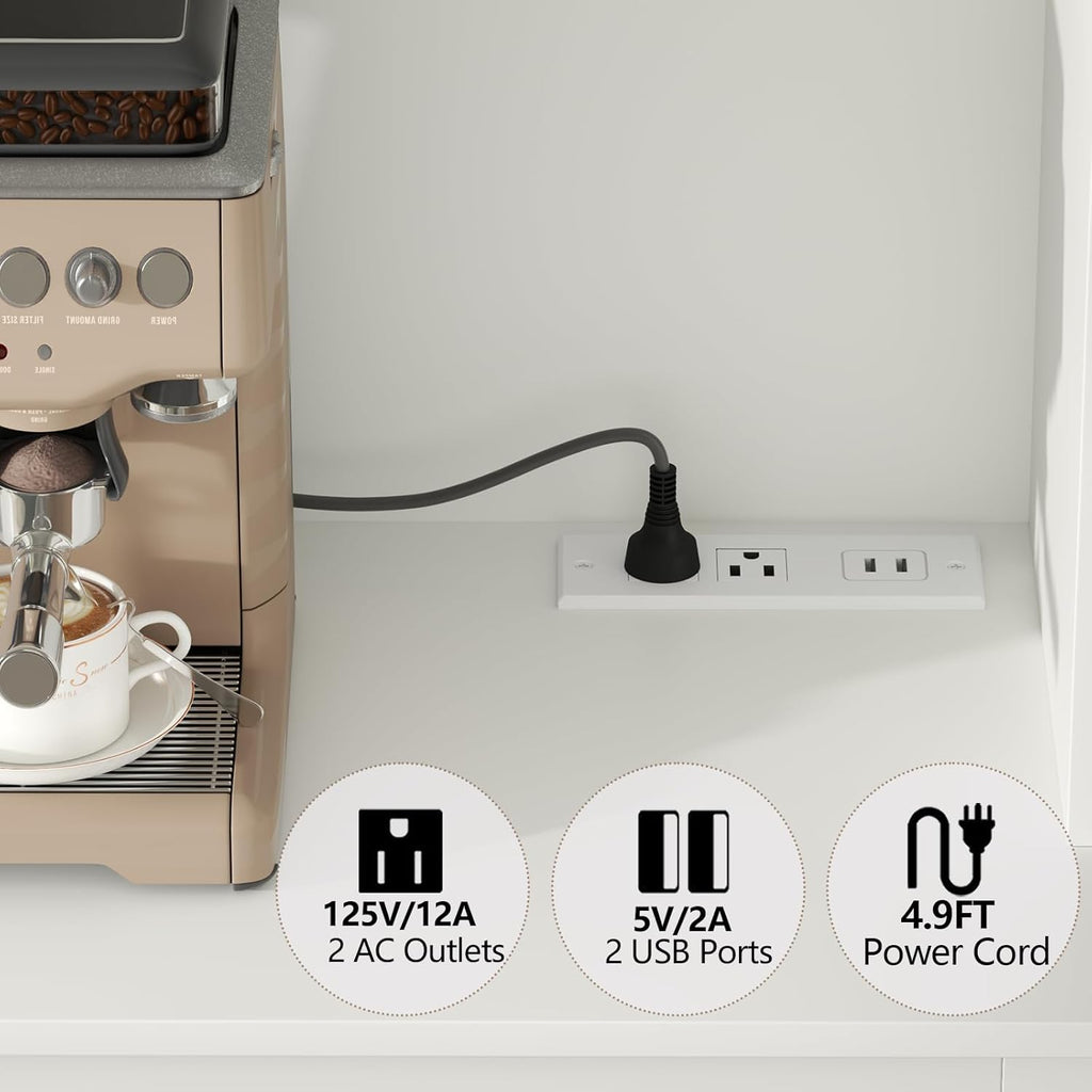 Kitchen Pantry Cabinet with Trash Can Storage, White Kitchen Hutch with Power Outlet & LED Light, Tall Bar Cabinet with Drawers & Wine Rack & Microwave Stand, Modern Pantries for Home (White)