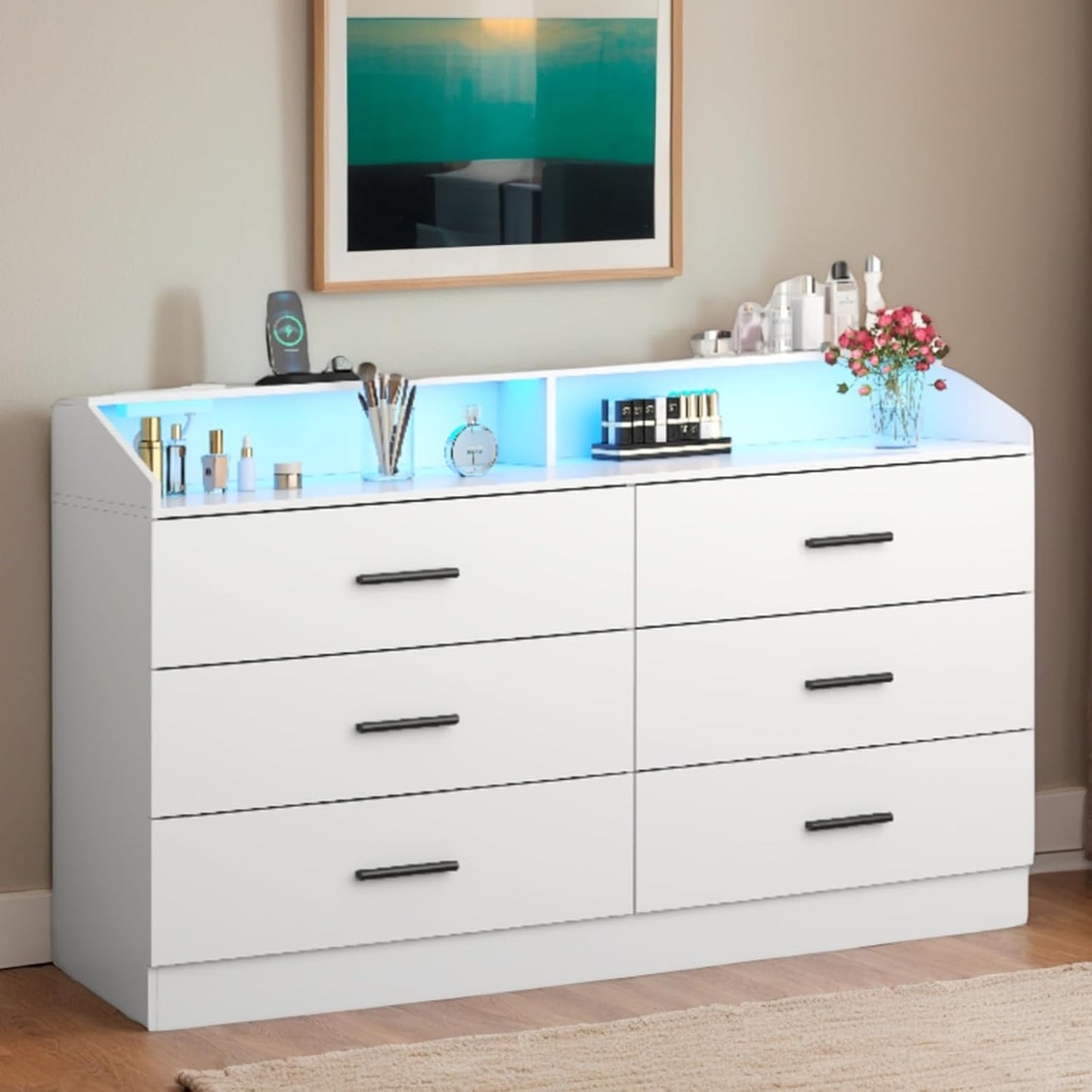 White Dresser for Bedroom, 6 Drawer Dresser with Charging Station, Chests of Drawers with LED Lights, Modern Double Dresser, Storage Cabinet with Drawers for Living Room, Hallway