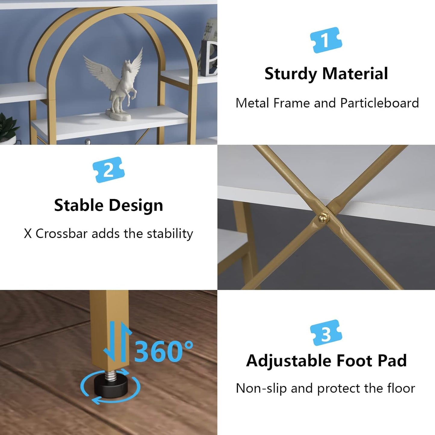 Triple Wide Gold Bookshelf, 70.87" W x 71.34" H Large Modern Etagere Bookcase, Tall Display Shelf with 13-Tier Open Shelves, Freestanding Staggered Storage Shelf for Home Office (White/Gold)