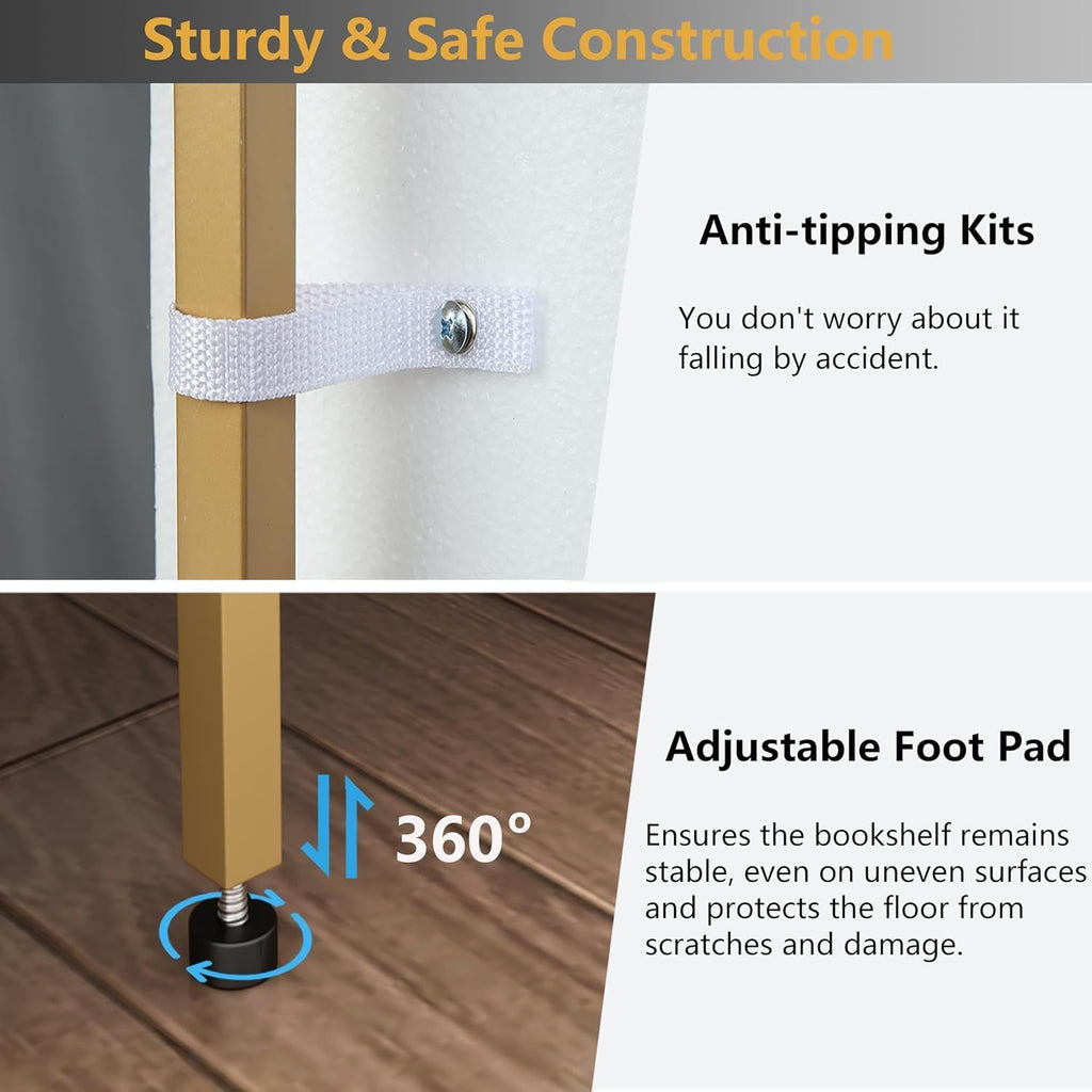 Lux Etagere 8-Tier Open Shelf Bookcase – 70.87" H x 31.5" L, Modern Metal Frame with Gold Finish & White Shelves, Tall Storage Display for Bedroom, Home Office & Living Room (Gold)