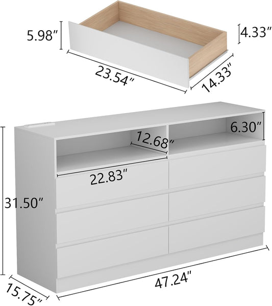 6 Drawer Double Dresser with Power Outlet, Accent Chests of Drawers with LED Light, Modern White Storage Dresser with Charging Station (Mirror Not Included)