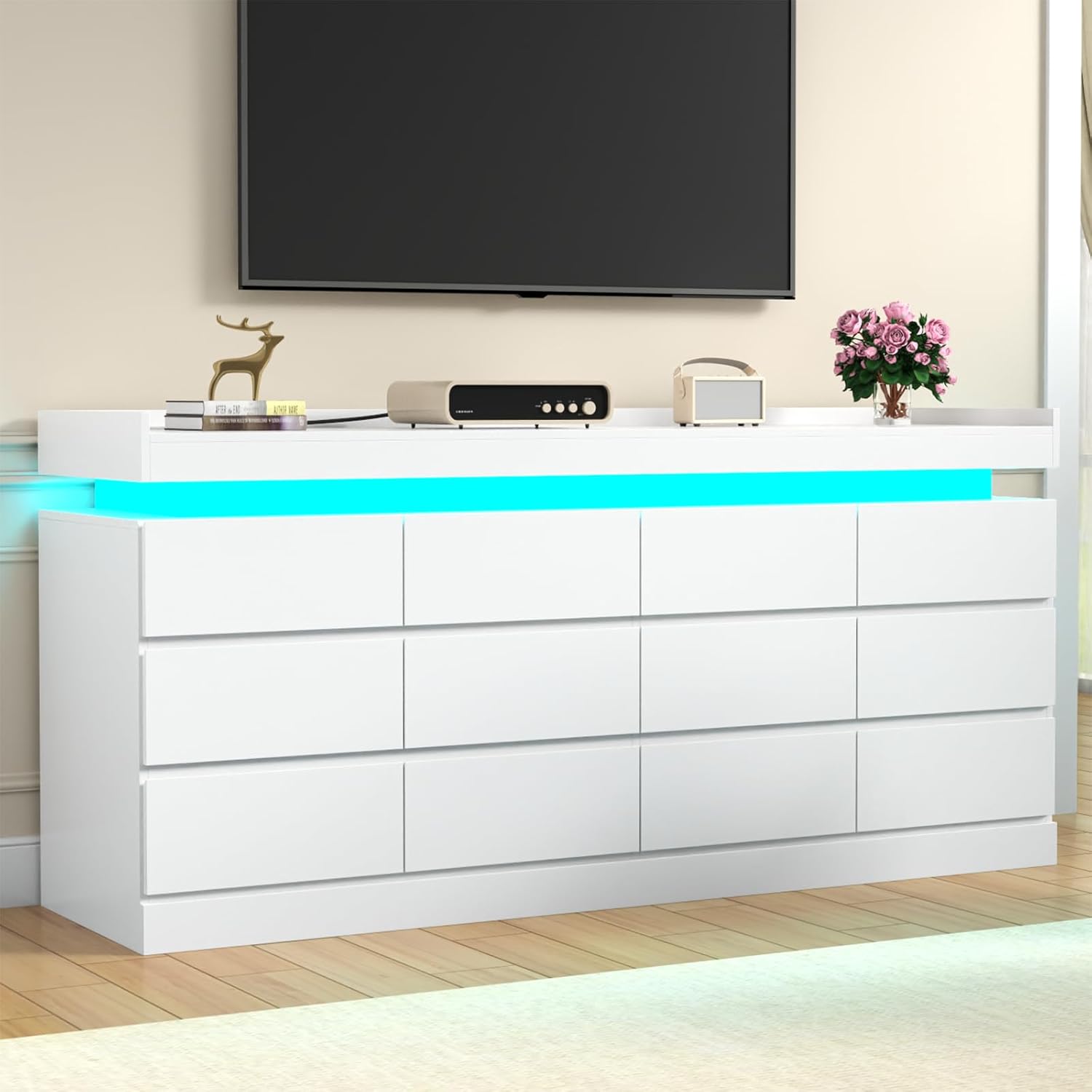 Extra Large 6 Drawer Dresser with 12 Compartments, Dresser with Power Outlet & LED Light, Modern Chest of Drawers, Double Wide Drawer Organizer Cabinet for Bedroom, Living Room, Entryway (White)