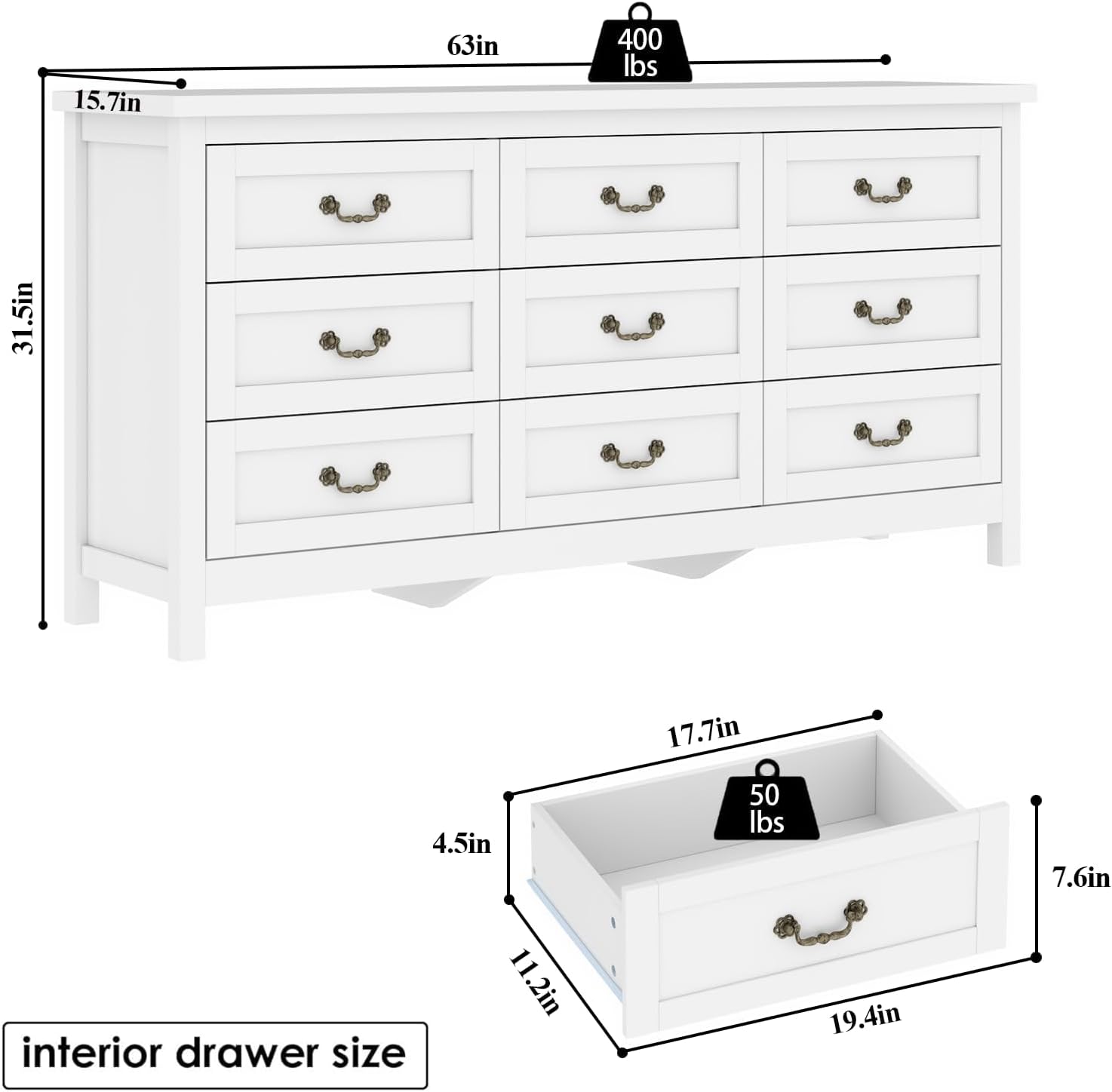 Farmhouse 9 Drawer Dresser for Bedroom, 63" Wide Long Chest of Drawers with Deep Drawers & Vintage Handle, Storage Dresser Organizer, TV Stand for Bedroom, Living Room (White)