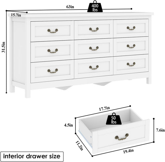 Farmhouse 9 Drawer Dresser for Bedroom, 63" Wide Long Chest of Drawers with Deep Drawers & Vintage Handle, Storage Dresser Organizer, TV Stand for Bedroom, Living Room (White)