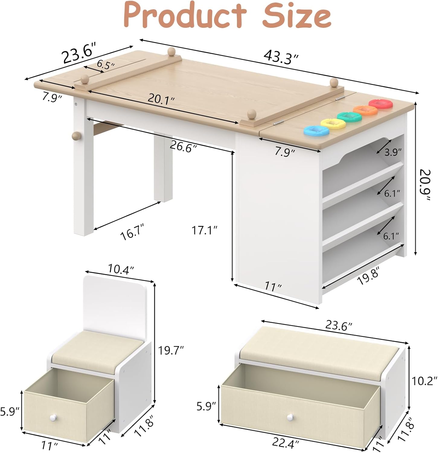 3 in 1 Kids Art Table and Chair Set, Art Desk & Easel w/ Storage Shelves, Drawers, Paint Cups, Paper Roll, Toddler Table and Chair Set w/ Bench & 2 Chairs for Draw, Write, Play, Crafts (Light Walnut)