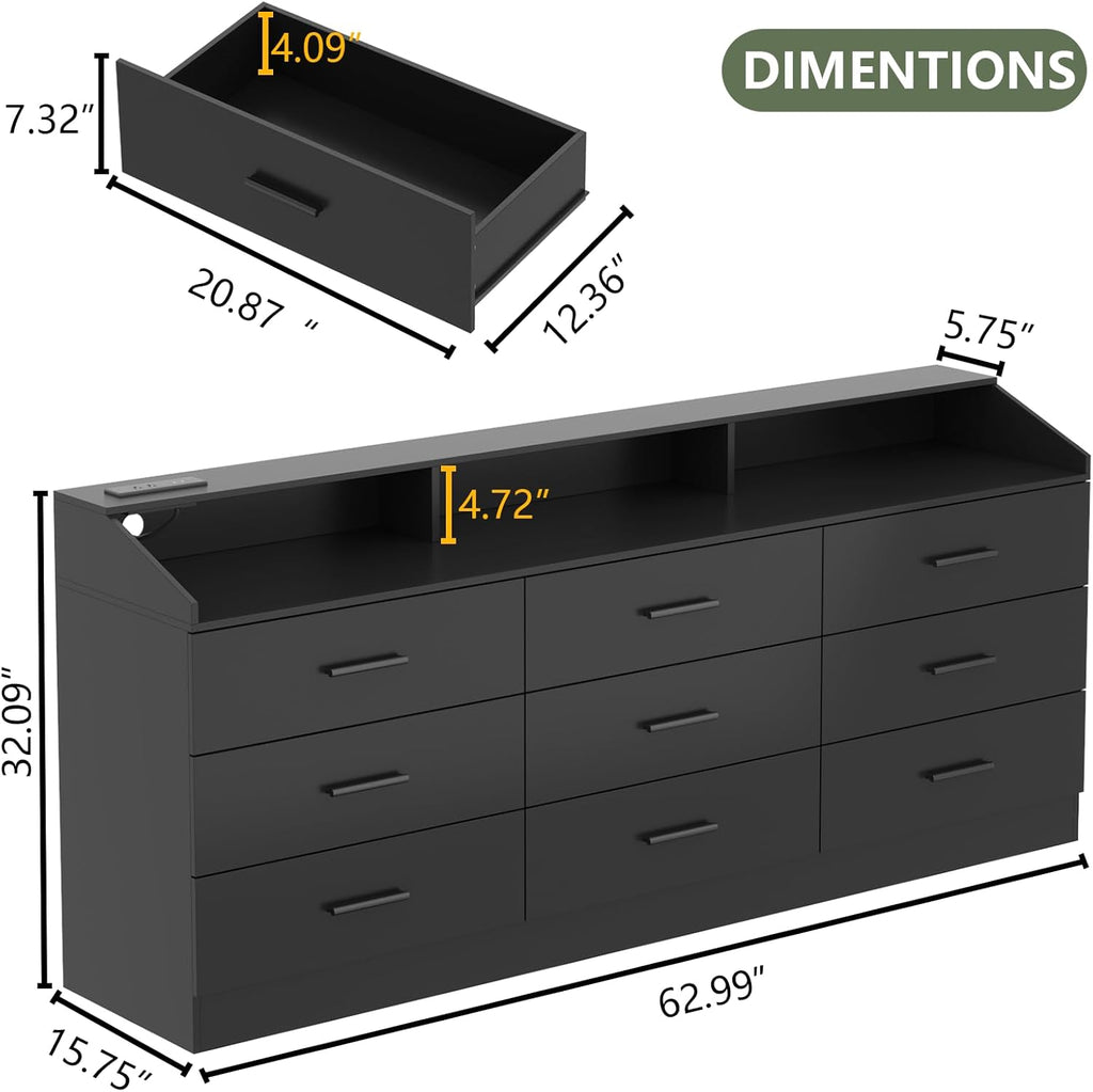 9 Drawers Dresser for Bedroom with Power Outlet, Chest of Drawers with LED Light, Modern Dressers with Open Storage Cubby, Triple Wide Dressers Organizer for Living Room (Black-)