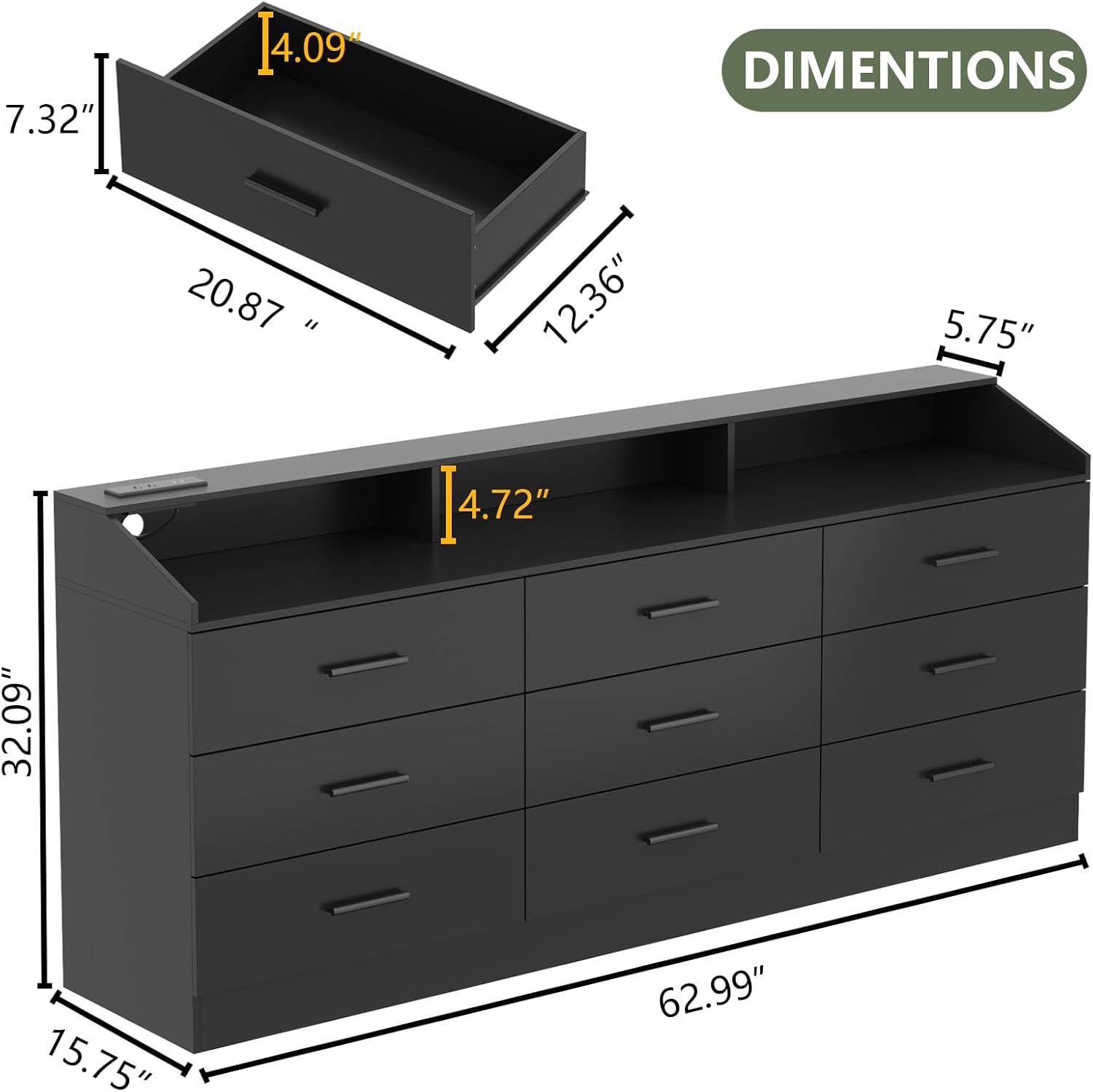 9 Drawers Dresser for Bedroom with Power Outlet, Chest of Drawers with LED Light, Modern Dressers with Open Storage Cubby, Triple Wide Dressers Organizer for Living Room (Black-)