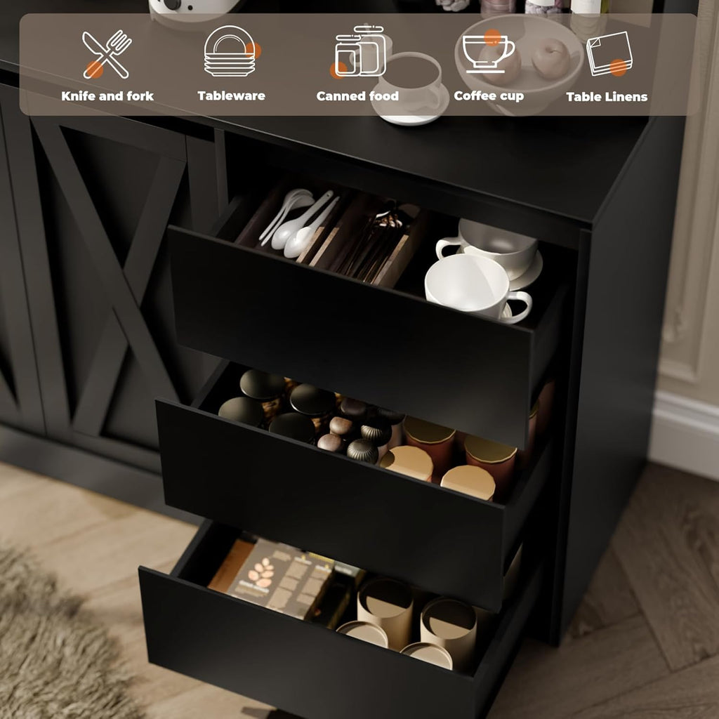 Farmhouse Kitchen Pantry Cabinet with Power Outlet & LED Light, Large Coffee Bar Cupboard with Microwave Stand, 3 Doors & 3 Drawers, 7 Cup Holders & 8 Open Cubbies, Adjusted Shelves (Black)