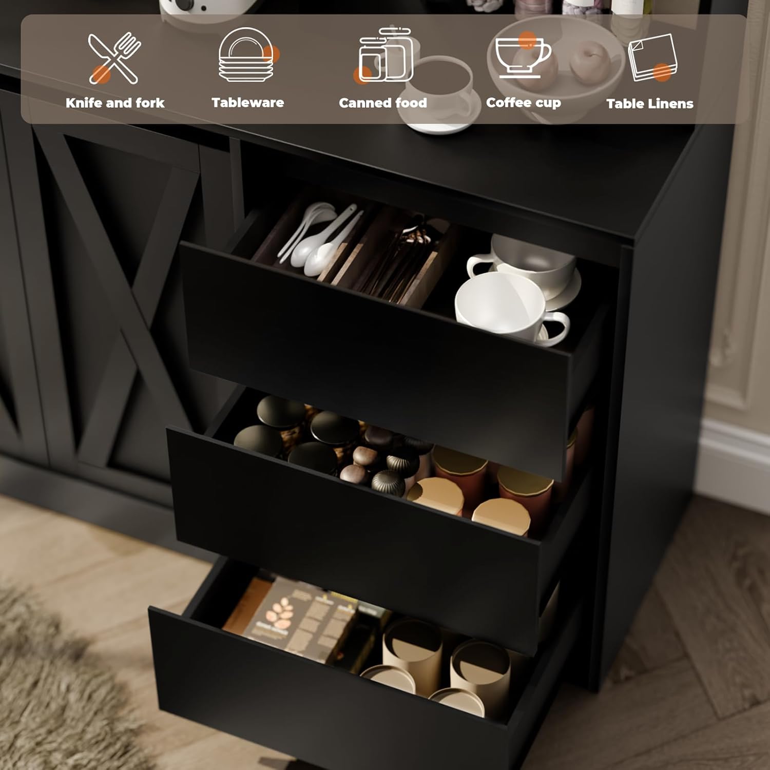 Farmhouse Kitchen Pantry Cabinet with Power Outlet & LED Light, Large Coffee Bar Cupboard with Microwave Stand, 3 Doors & 3 Drawers, 7 Cup Holders & 8 Open Cubbies, Adjusted Shelves (Black)