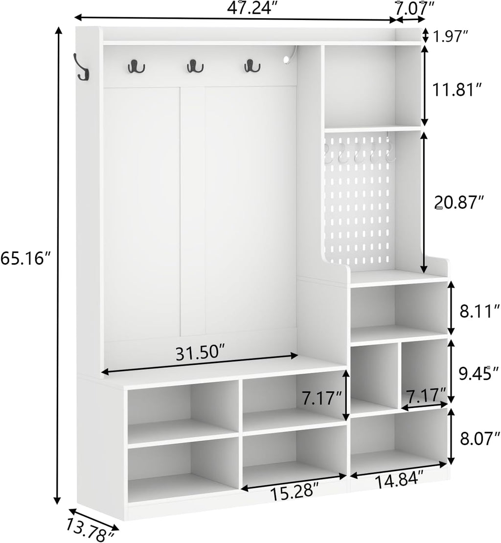 Hall Tree with Shoe Storage, Entryway Bench with Coat Rack & LED Lights, Modern Hall Trees with 9 Cubbies & 5 Hooks, Mudroom Coat Rack Cabinet, White