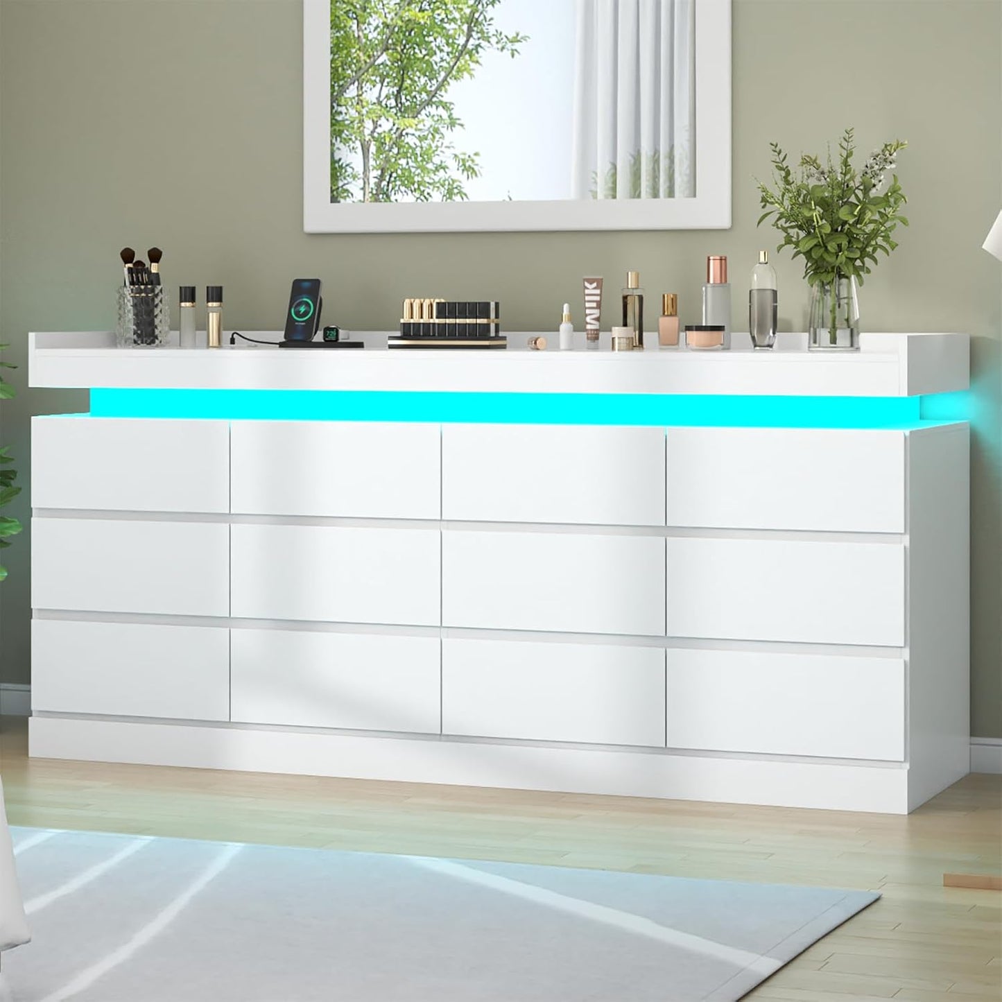 Extra Large 6 Drawer Dresser with 12 Compartments, Dresser with Power Outlet & LED Light, Modern Chest of Drawers, Double Wide Drawer Organizer Cabinet for Bedroom, Living Room, Entryway (White)