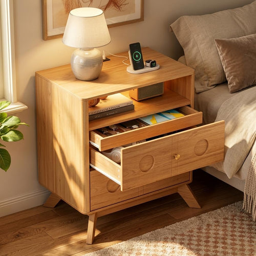 23.6"Nightstand with Charging Station, LED Light & Drawers，Natural Oak