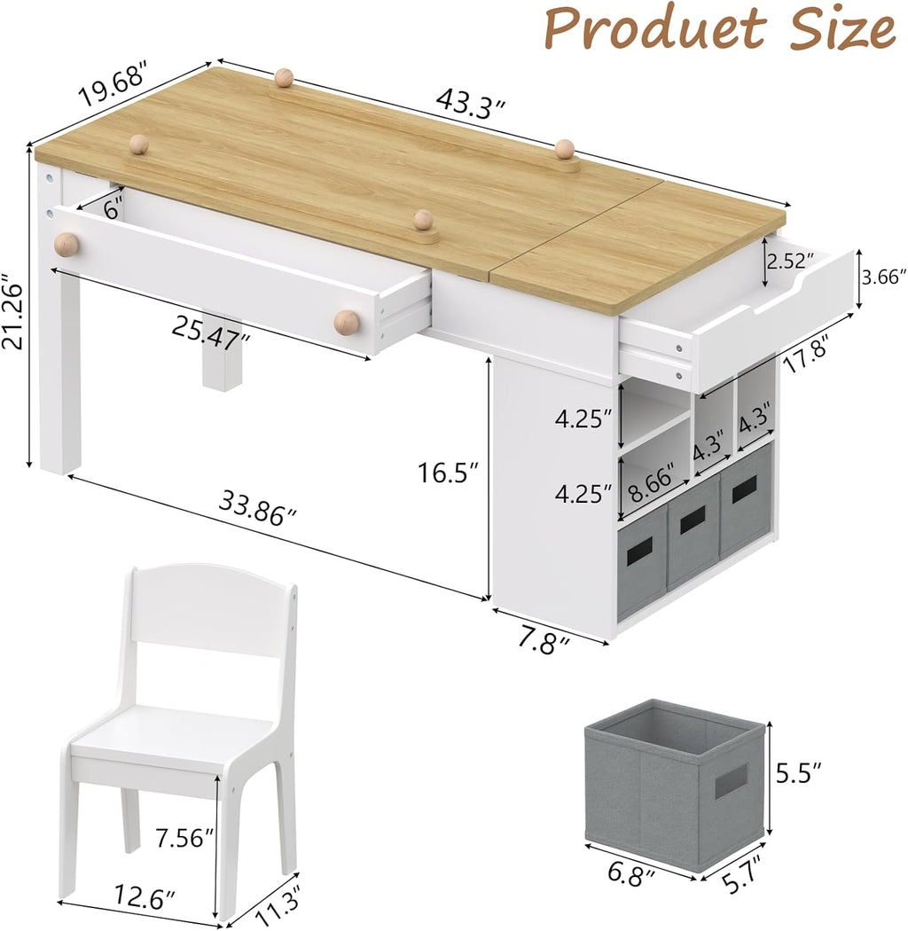 Kids Art Table and 2 Chairs Set,3 in 1 Wooden Craft Desk with 2 Drawers,3 Fabric Drawers,Storage Shelf,Paper Roll,Learning and Reading, Activity Play Desk for Home