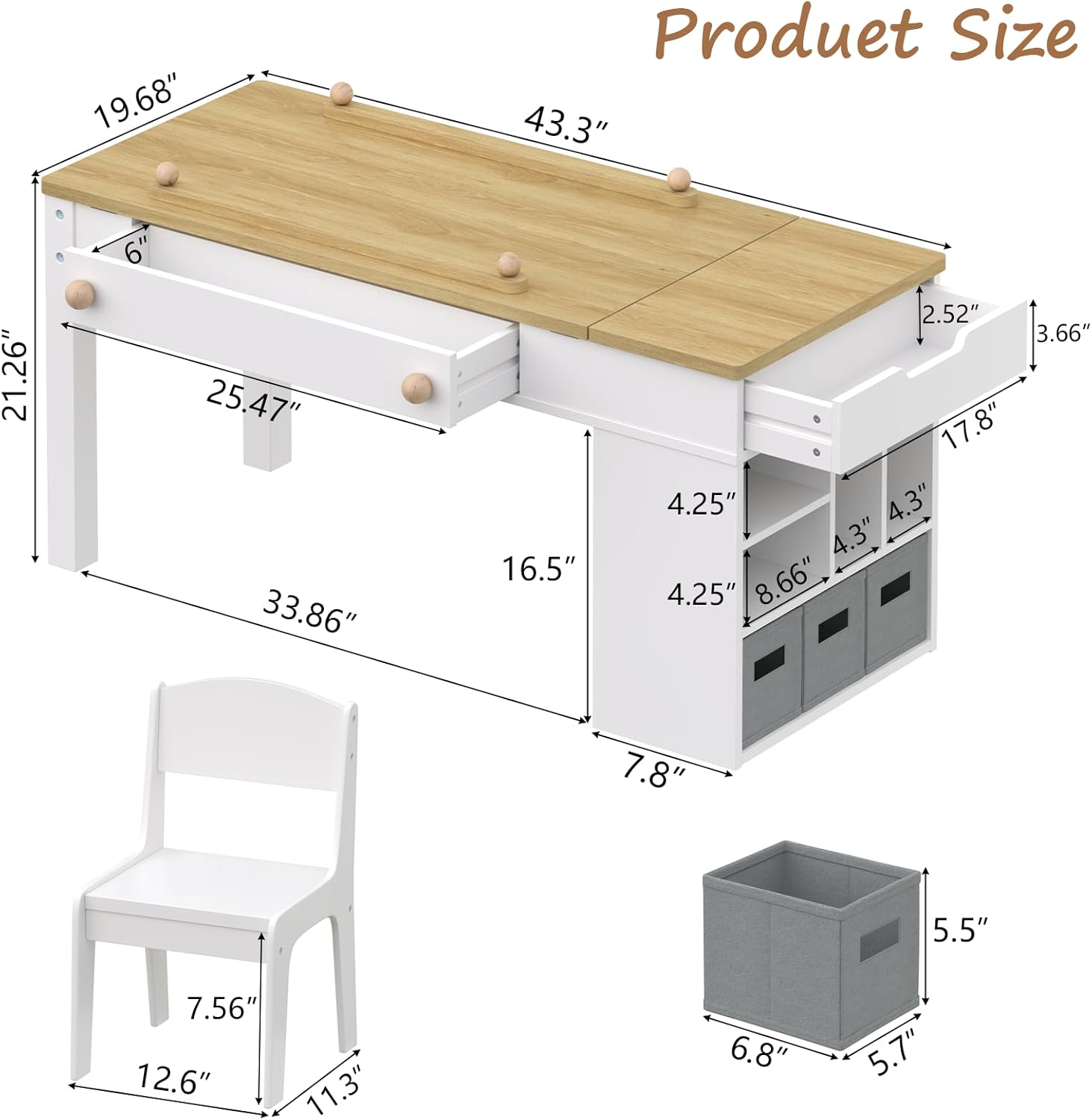Kids Art Table and 2 Chairs Set,3 in 1 Wooden Craft Desk with 2 Drawers,3 Fabric Drawers,Storage Shelf,Paper Roll,Learning and Reading, Activity Play Desk for Home
