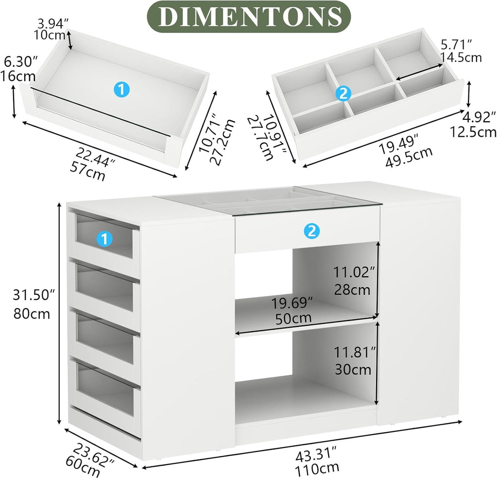 Closet Island with Drawers, Armoire Wardrobe Closet with LED Lights White Dresser Walk-in Closets with Glass Top for Bedroom & Cloakroom