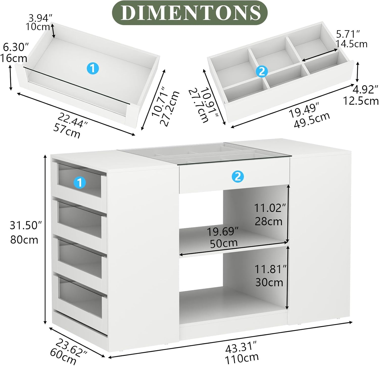 Closet Island with Drawers, Armoire Wardrobe Closet with LED Lights White Dresser Walk-in Closets with Glass Top for Bedroom & Cloakroom