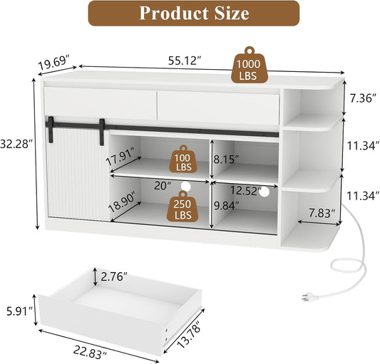 Fish Tank Stand with Power Outlets, Heavy Duty Aquarium Stand with LED Lights and Sliding Fluted Doors, White Storage Cabinet with 2 Large Drawers for Fish Tank, 1000 LBS Capacity