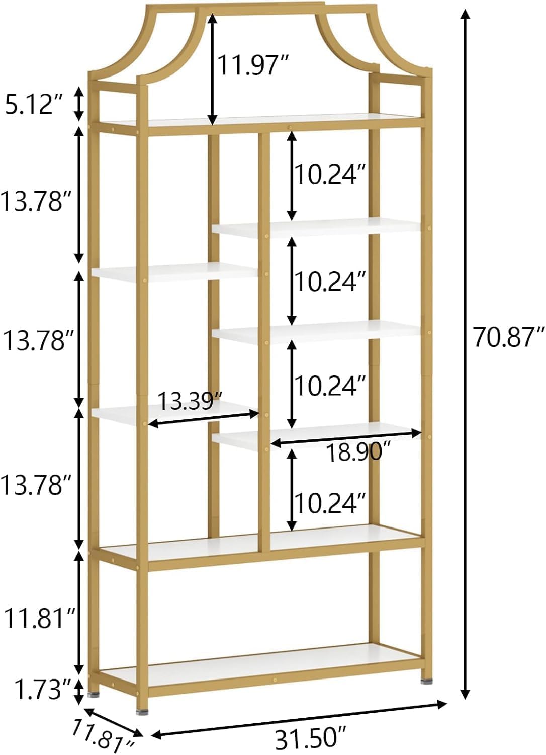 Lux Etagere 8-Tier Open Shelf Bookcase – 70.87" H x 31.5" L, Modern Metal Frame with Gold Finish & White Shelves, Tall Storage Display for Bedroom, Home Office & Living Room (Gold)