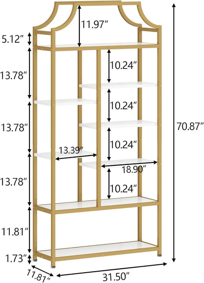 Lux Etagere 8-Tier Open Shelf Bookcase – 70.87" H x 31.5" L, Modern Metal Frame with Gold Finish & White Shelves, Tall Storage Display for Bedroom, Home Office & Living Room (Gold)