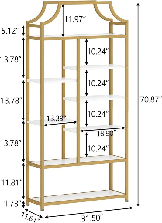 Lux Etagere 8-Tier Open Shelf Bookcase – 70.87" H x 31.5" L, Modern Metal Frame with Gold Finish & White Shelves, Tall Storage Display for Bedroom, Home Office & Living Room (Gold)