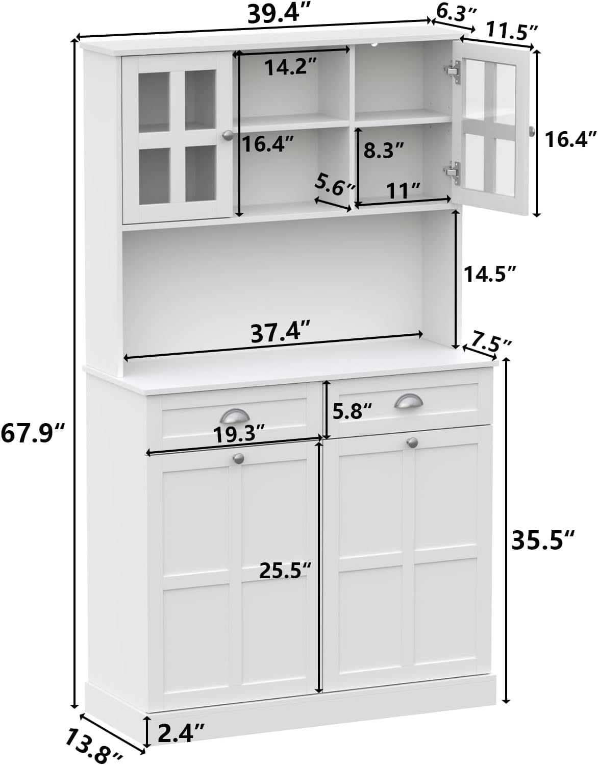 Kitchen Pantry Cabinet with Double Tilt Out Trash Cabinet, 68" Tall Storage Cabinets with 2 Drawers & Hutch, 20 Gallon Hidden Trash Can Cabinets, Kitchen Cupboard with Microwave Coffee Stand