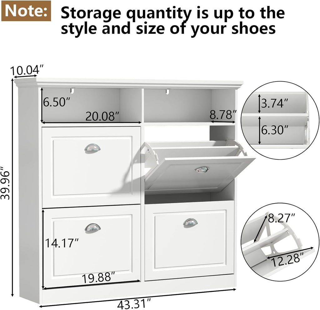 Shoe Cabinet with 4 Flip Drawers, Shoe Storage Cabinet for Entryway, Freestanding Hidden Shoe Cabinet Organizer with Open Storage, Slim Narrow Shoe Rack Cabinet (White)