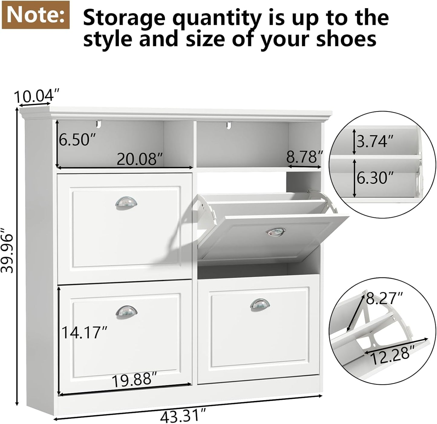 Shoe Cabinet with 4 Flip Drawers, Shoe Storage Cabinet for Entryway, Freestanding Hidden Shoe Cabinet Organizer with Open Storage, Slim Narrow Shoe Rack Cabinet (White)