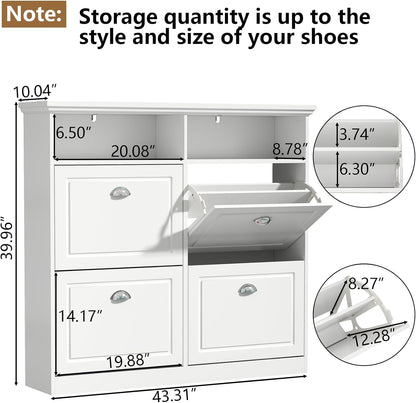 Shoe Cabinet with 4 Flip Drawers, Shoe Storage Cabinet for Entryway, Freestanding Hidden Shoe Cabinet Organizer with Open Storage, Slim Narrow Shoe Rack Cabinet (White)