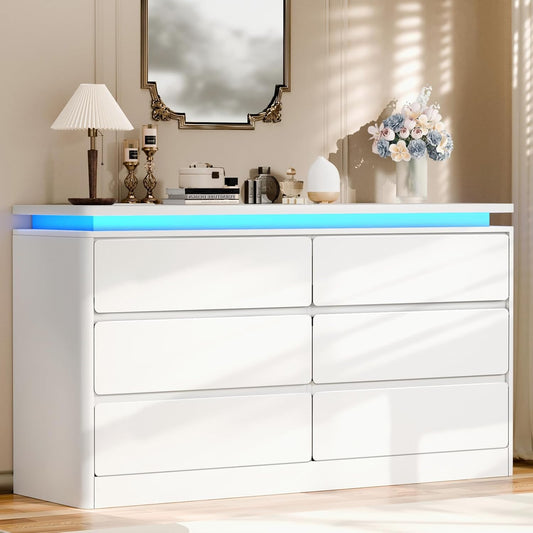 6 Drawer White Dresser for Bedroom, 47.2" Long Chest of Drawers with Charging Station & LED Lights, Double Wooden Storage Cabinet Dresser for Closet,Modern TV Stand with Deep Drawers