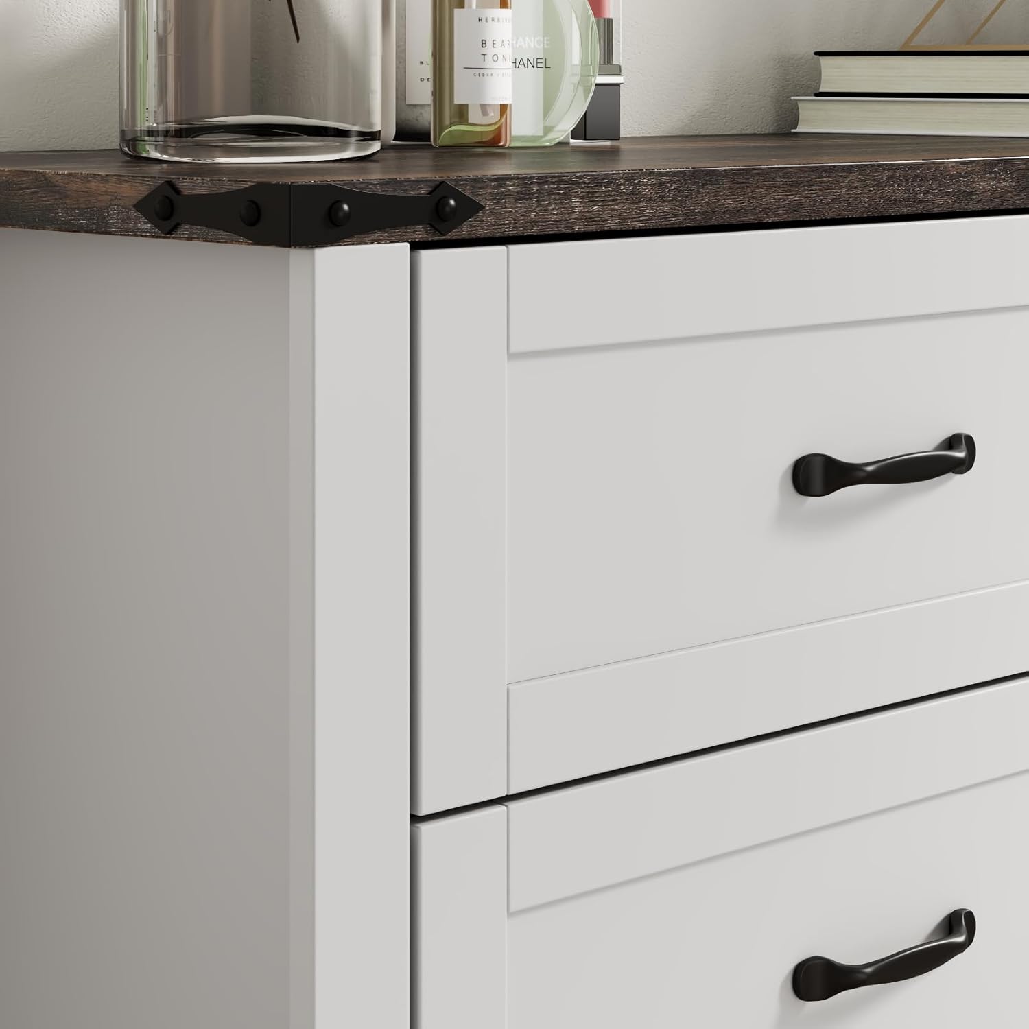 Farmhouse 6 Drawer Dresser for Bedroom, Wood Dresser Chest of Drawers, Wide Dressers Organizer with Metal Handles, Natural Texture Storage Cabinet for Closet, Living Room, Hallway (White)