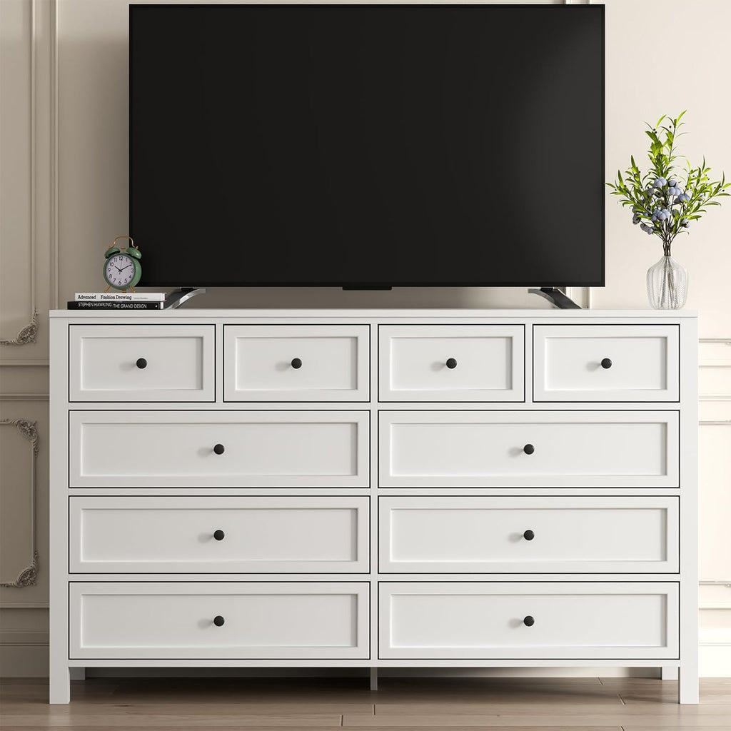 Farmhouse 10 Drawers Dresser for Bedroom, White Dresser Chest of Drawers, Wood Storage Dressers with Deep Drawers and Metal Handle, Wide Modern Dressers & TV Stand for Living Room, Closet, Hallway