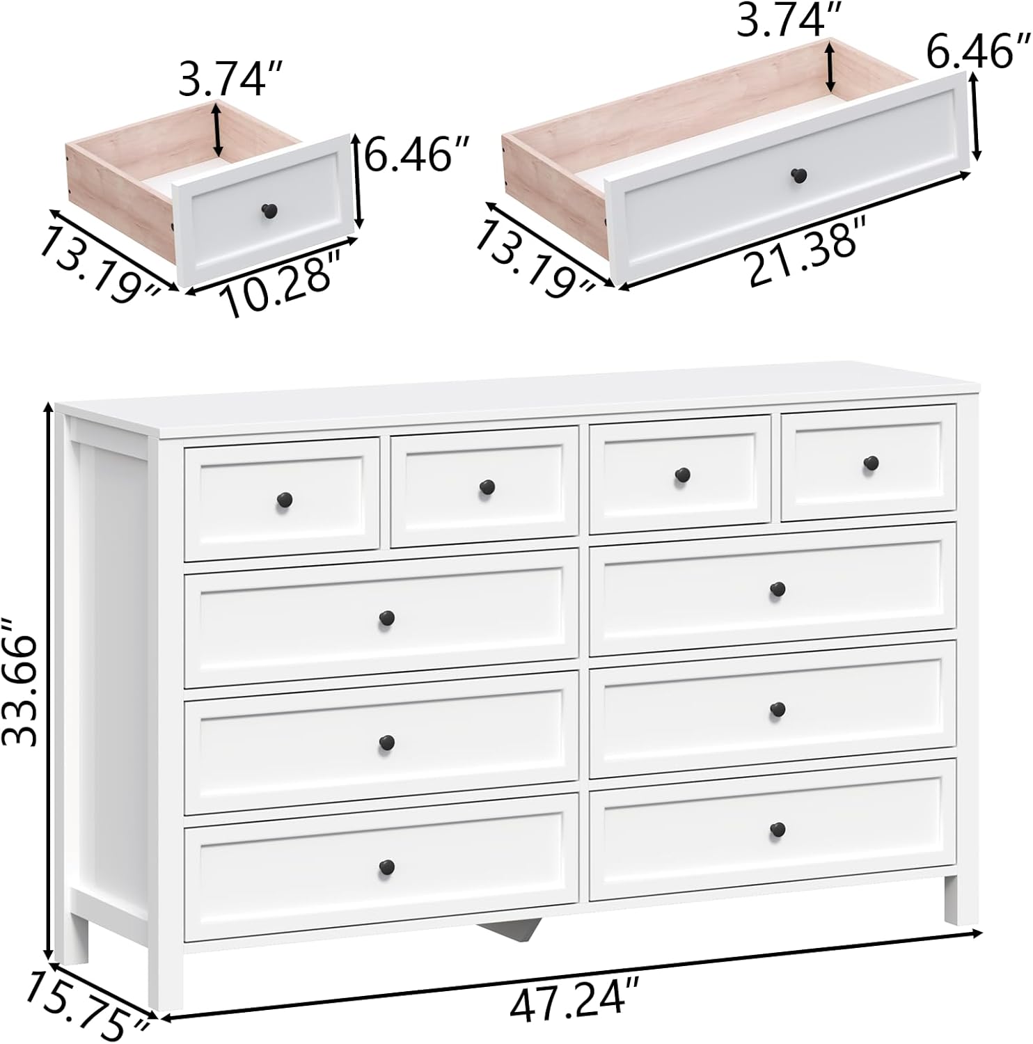 Farmhouse 10 Drawers Dresser for Bedroom, White Dresser Chest of Drawers, Wood Storage Dressers with Deep Drawers and Metal Handle, Wide Modern Dressers & TV Stand for Living Room, Closet, Hallway