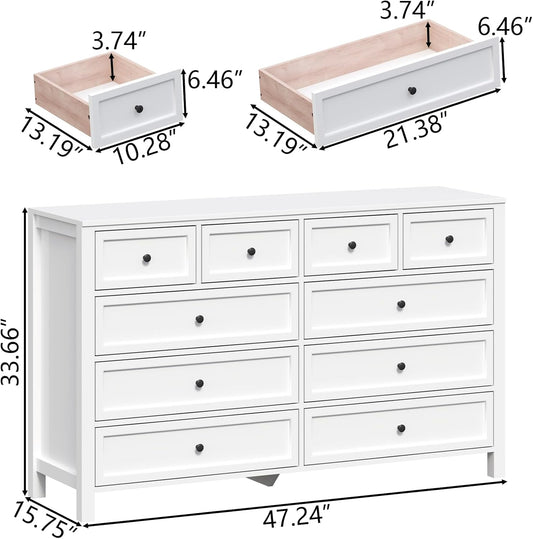 Farmhouse 10 Drawers Dresser for Bedroom, White Dresser Chest of Drawers, Wood Storage Dressers with Deep Drawers and Metal Handle, Wide Modern Dressers & TV Stand for Living Room, Closet, Hallway