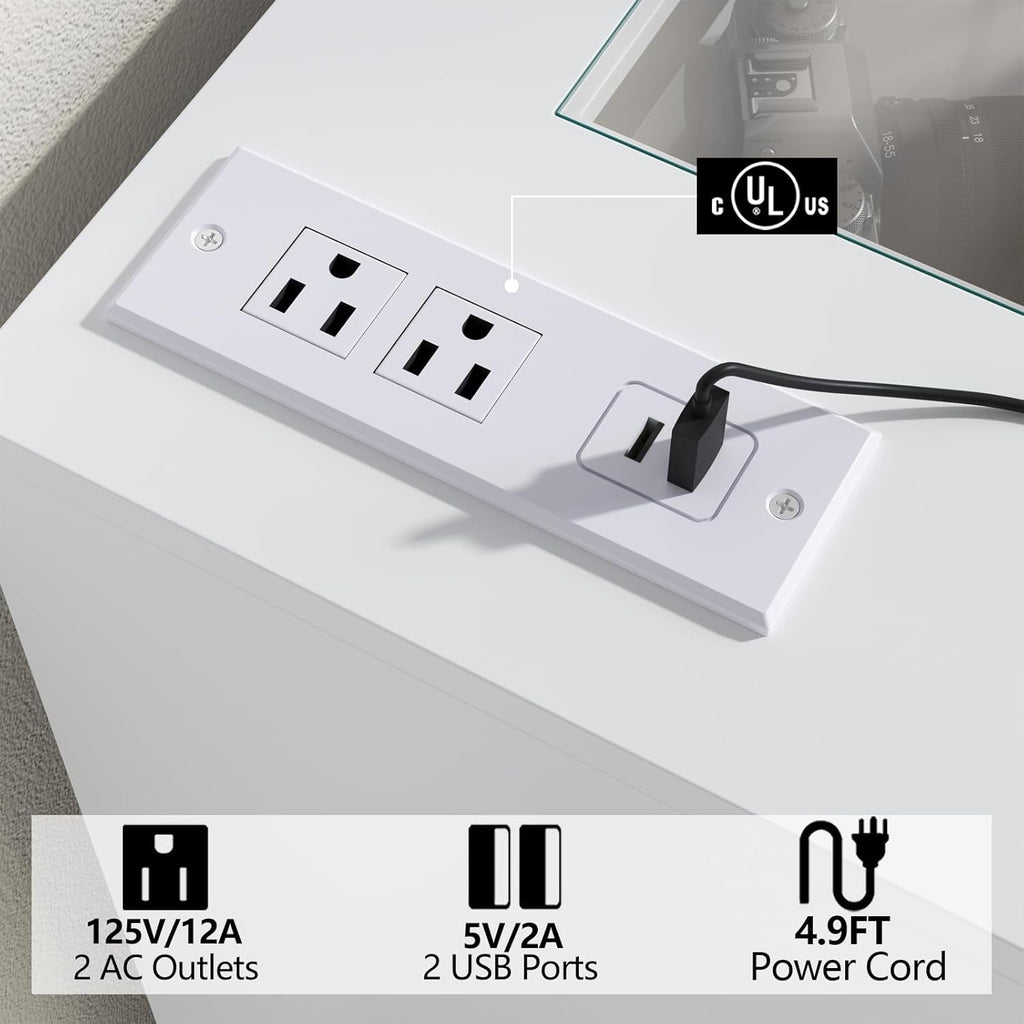 8 Drawer Dresser with Power Outlet, White Dresser for Bedroom Chest of Drawer with Glass Top & LED Light, Modern Double Wide Drawer Organizer Cabinet for Living Room (White)