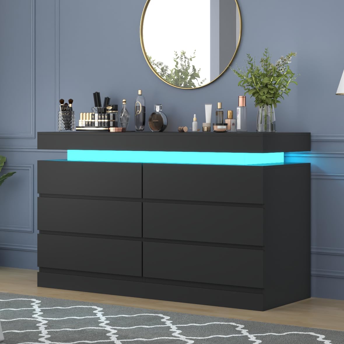 6 Drawer Dresser with Power Outlet, Dresser with LED Light, Modern Chest of Drawers for Closet, Double Wide Drawer Organizer Cabinet for Bedroom, Living Room (Black, 6 Drawers)