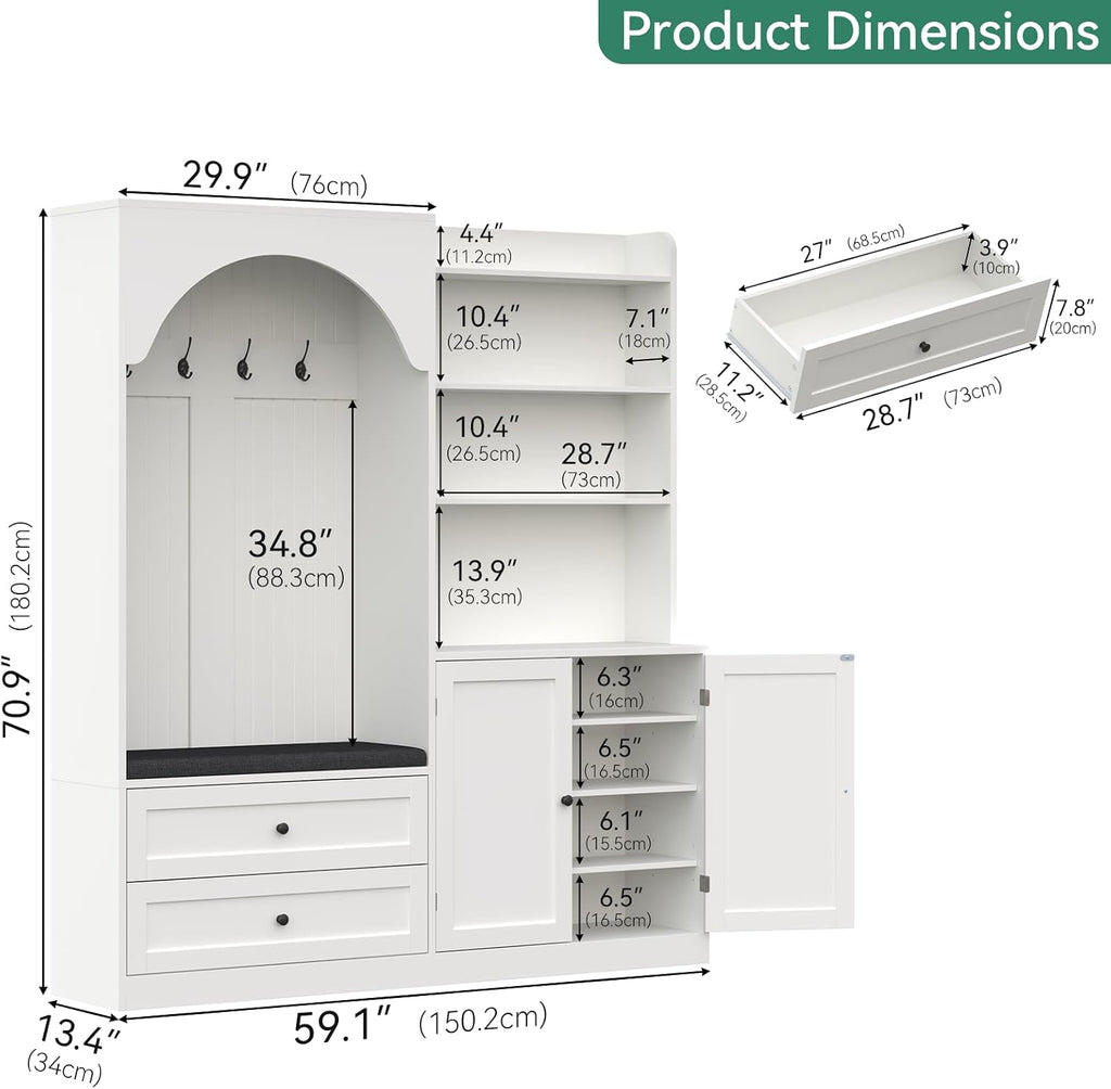 Large Hall Tree with Bench and Shoe Rack for Entryway, 71'' H x 59'' W