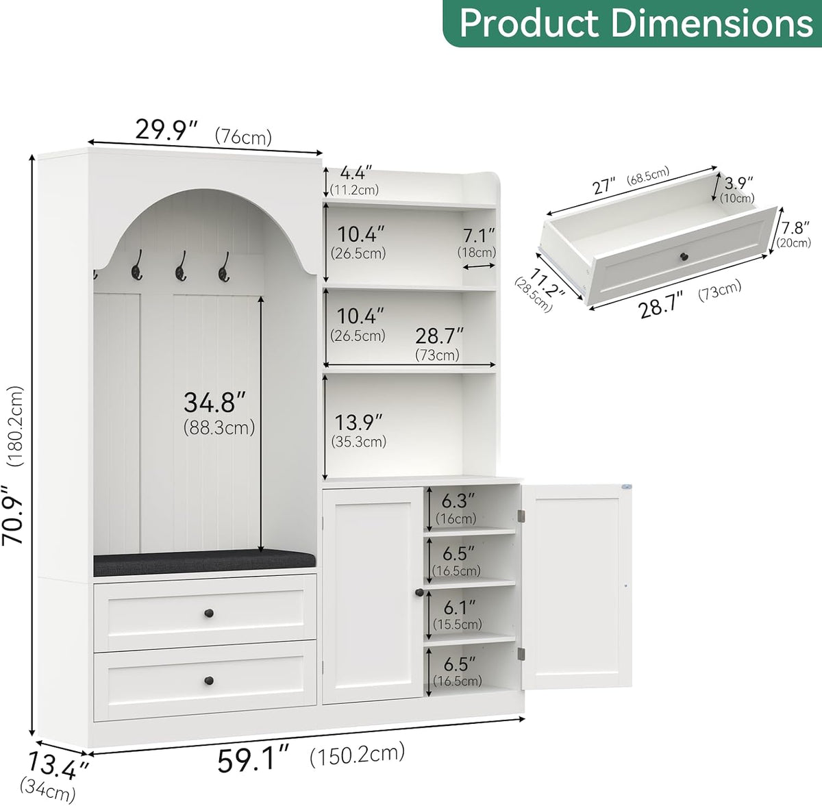 Large Hall Tree with Bench and Shoe Rack for Entryway, 71'' H x 59'' W
