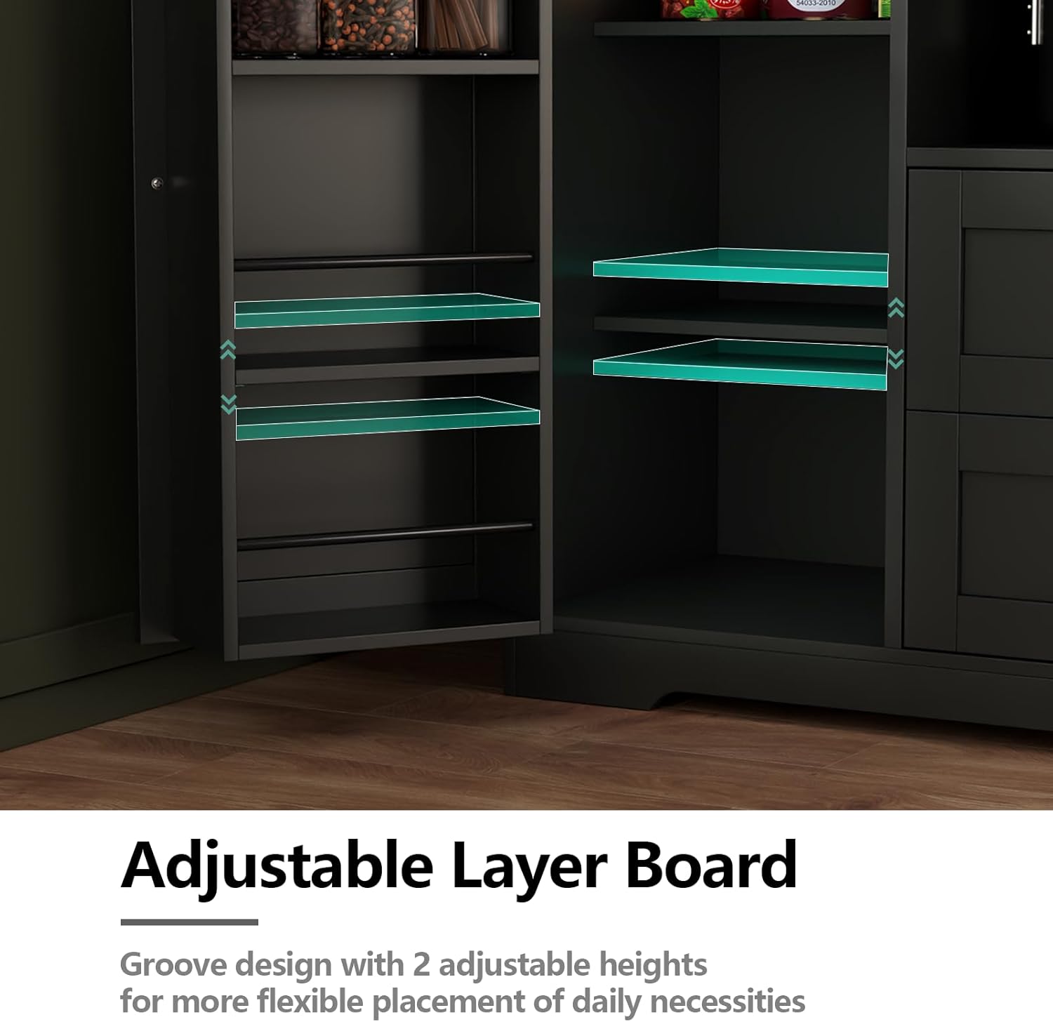 Kitchen Pantry Storage Cabinet,Freestanding Buffet Cabinet with Wine Glass Holder and 2 drawers,Food Pantry with Doors and Shelves,Tall Kitchen Hutch with Microwave Stand for Kitchens (Black)